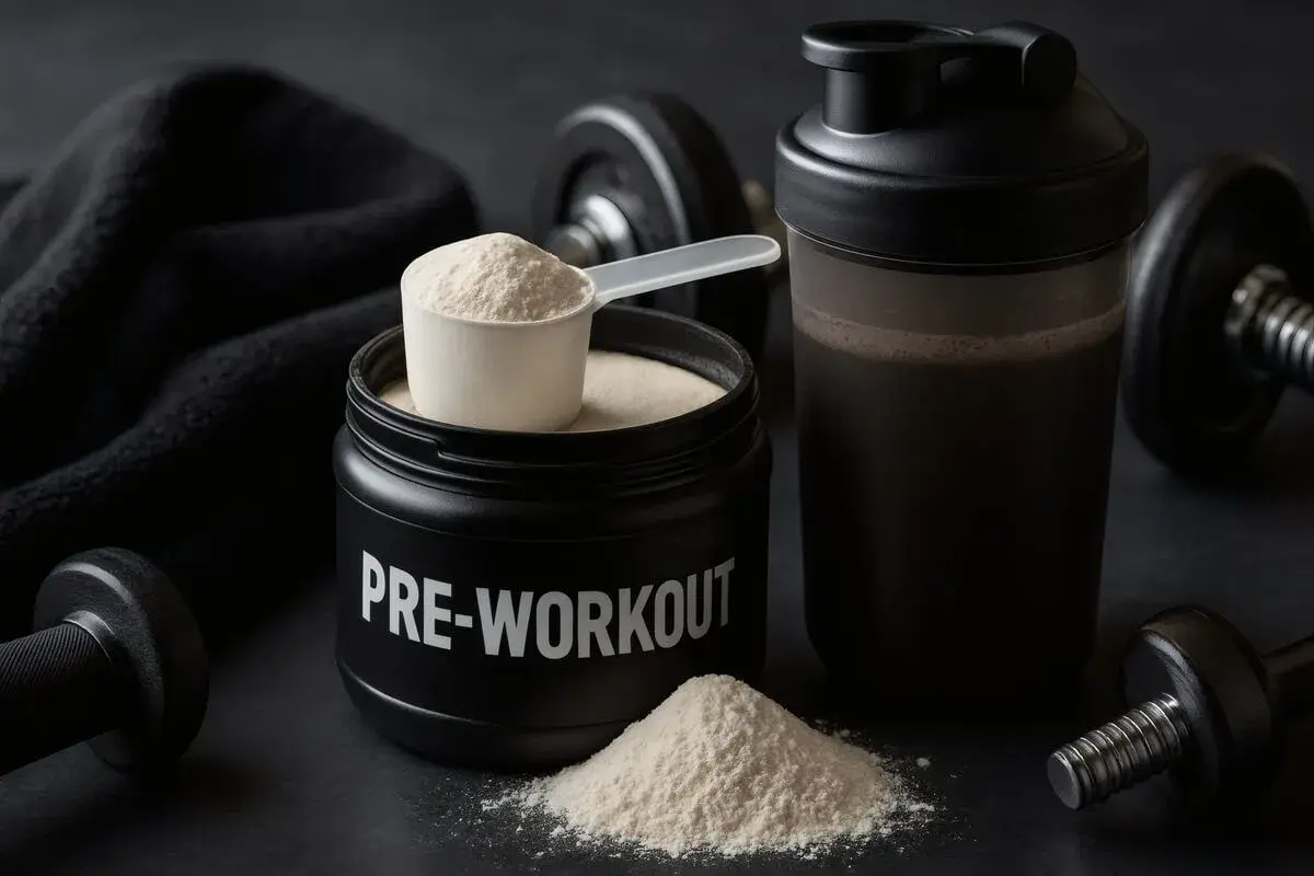 Pojemnik z napisem "PRE-WORKOUT" i miarka proszku. Obok shaker z napojem i hantle. To jest przedtreningówka co to za produkt?