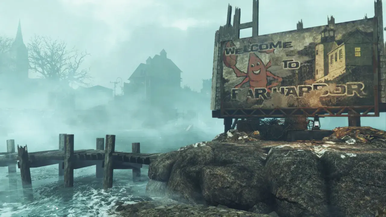 Mglisty krajobraz z zniszczonym znakiem "Welcome to Far Harbor" i drewnianym molo.