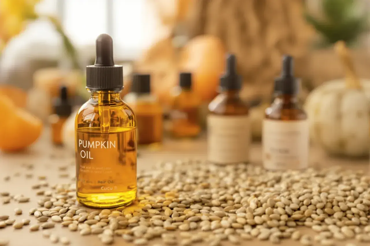 Aceite de semilla de calabaza, ideal para el crecimiento del cabello y la reducción de la pérdida de cabello. Un aliado natural contra el DHT.
