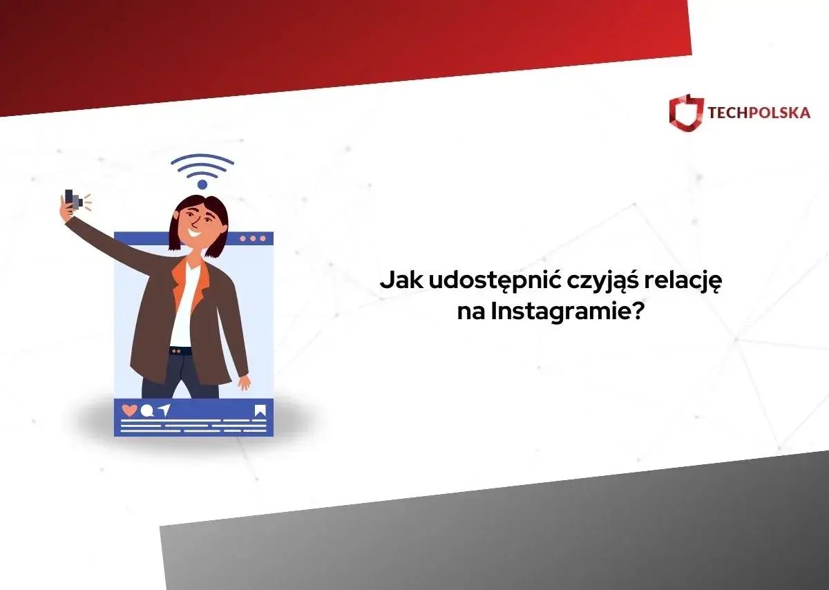 Ilustracja pokazuje, jak udostępnić czyjąś relację na Instagramie. Kobieta robi selfie w ramce przypominającej okno aplikacji.