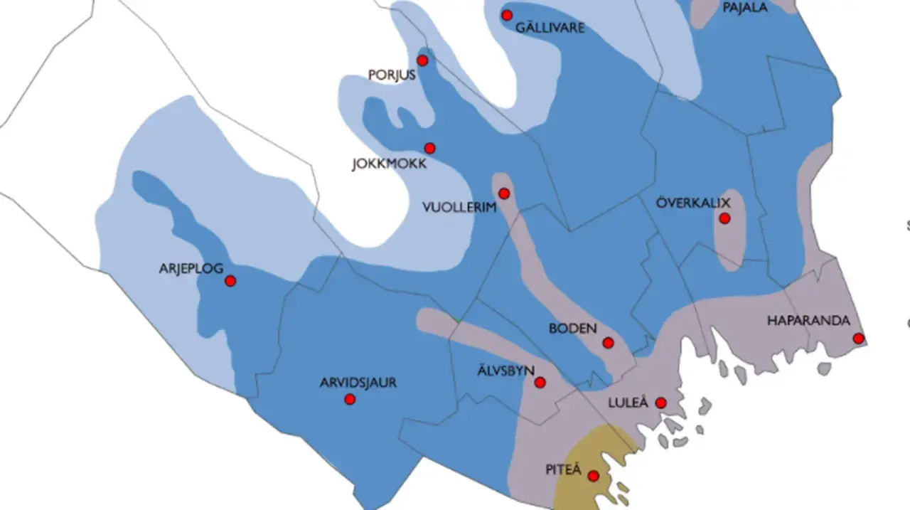 Karta över odlingszoner i Sverige med orter som Arjeplog, Jokkmokk, Luleå. Olika färger visar olika zoner.
