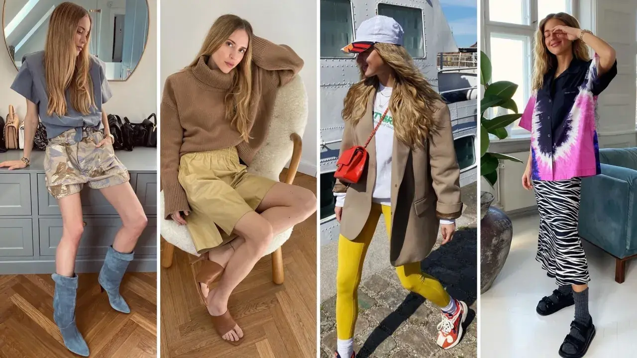 Kobiety prezentują skandynawski styl ubioru: od luźnych szortów i botków, przez beżowy golf i skórzane szorty, po sportowy zestaw z marynarką i kolorową koszulę w panterkę.