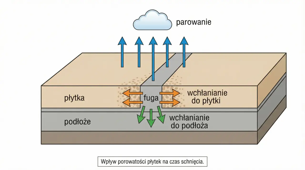 Ilustracja pokazuje, czy fuga ceramiczna przepuszcza wodę. Strzałki wskazują wchłanianie wody przez płytki i podłoże.