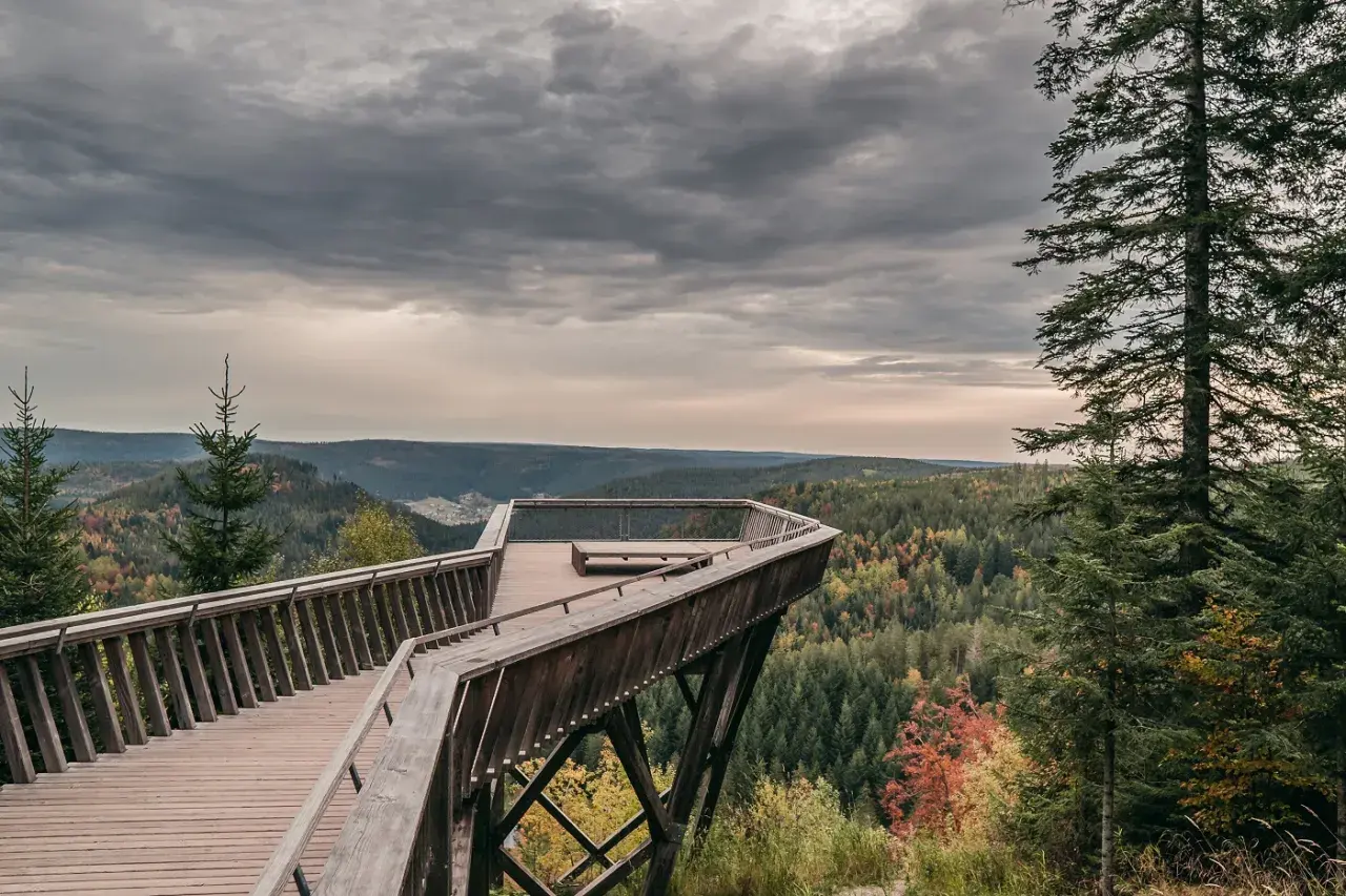 Holzsteg-Aussichtsplattform mit Blick über den bunten Schwarzwald. Ein echter **Geheimtipp Baiersbronn** für Naturliebhaber.