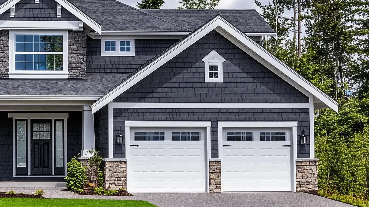 Maison moderne avec extension de garage double, bardage gris, pierres apparentes et toit sombre.