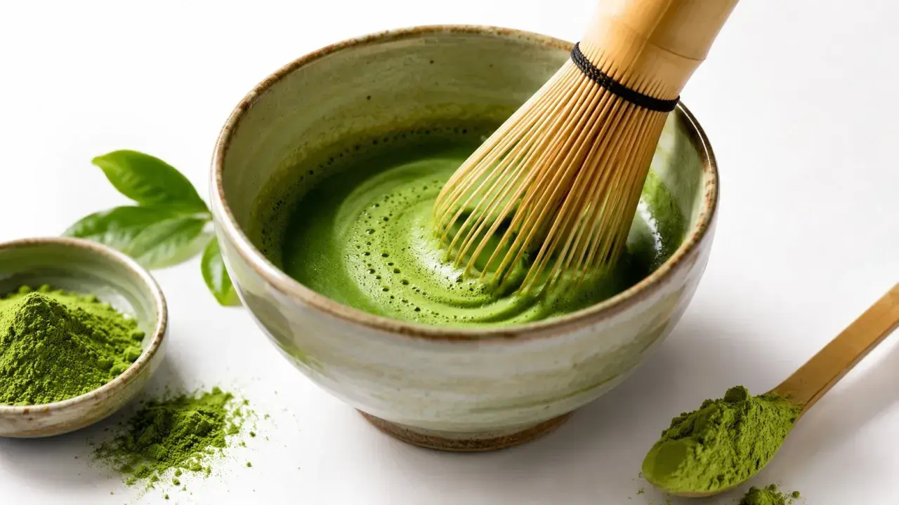 Tradycyjny matcha przepis: bambusowa miotełka ubija zielony proszek w misce, tworząc piankę. Obok miseczka z proszkiem i drewniana łyżeczka.
