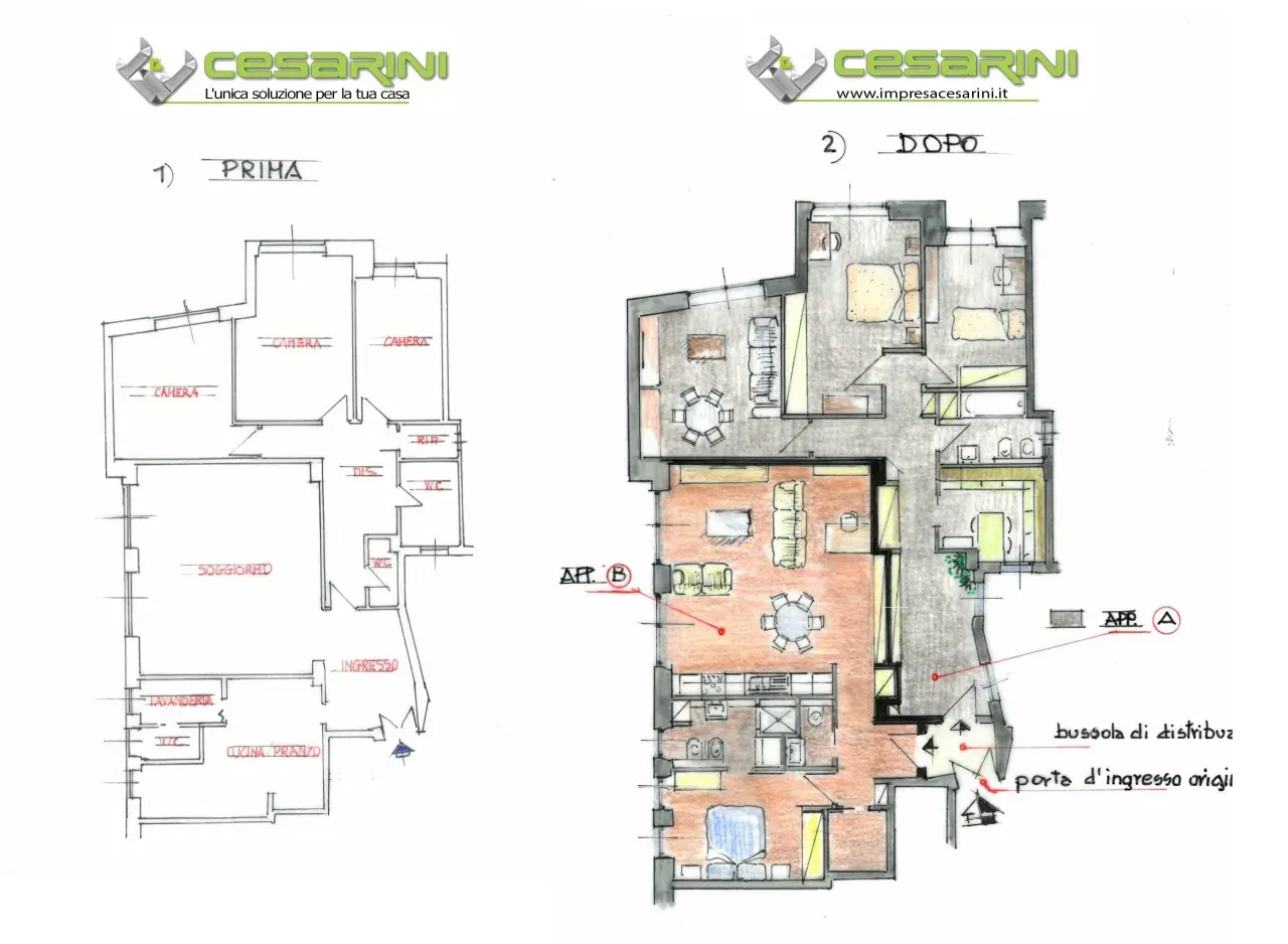 Pianta "prima" e "dopo" di frazionamento appartamento in condominio. La prima mostra un'unica unità, la seconda due appartamenti distinti.