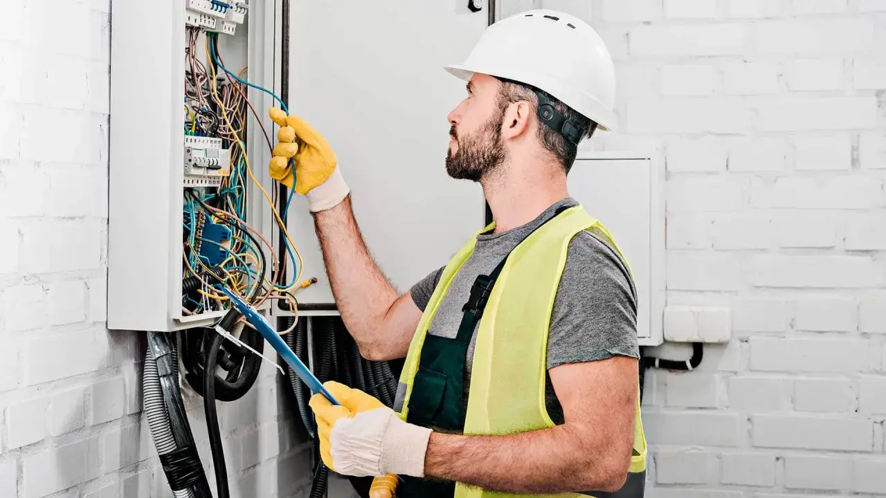 Elektryk w kasku i kamizelce odblaskowej pracuje przy skrzynce z przewodami. Sprawdź nasze usługi elektryczne cennik.
