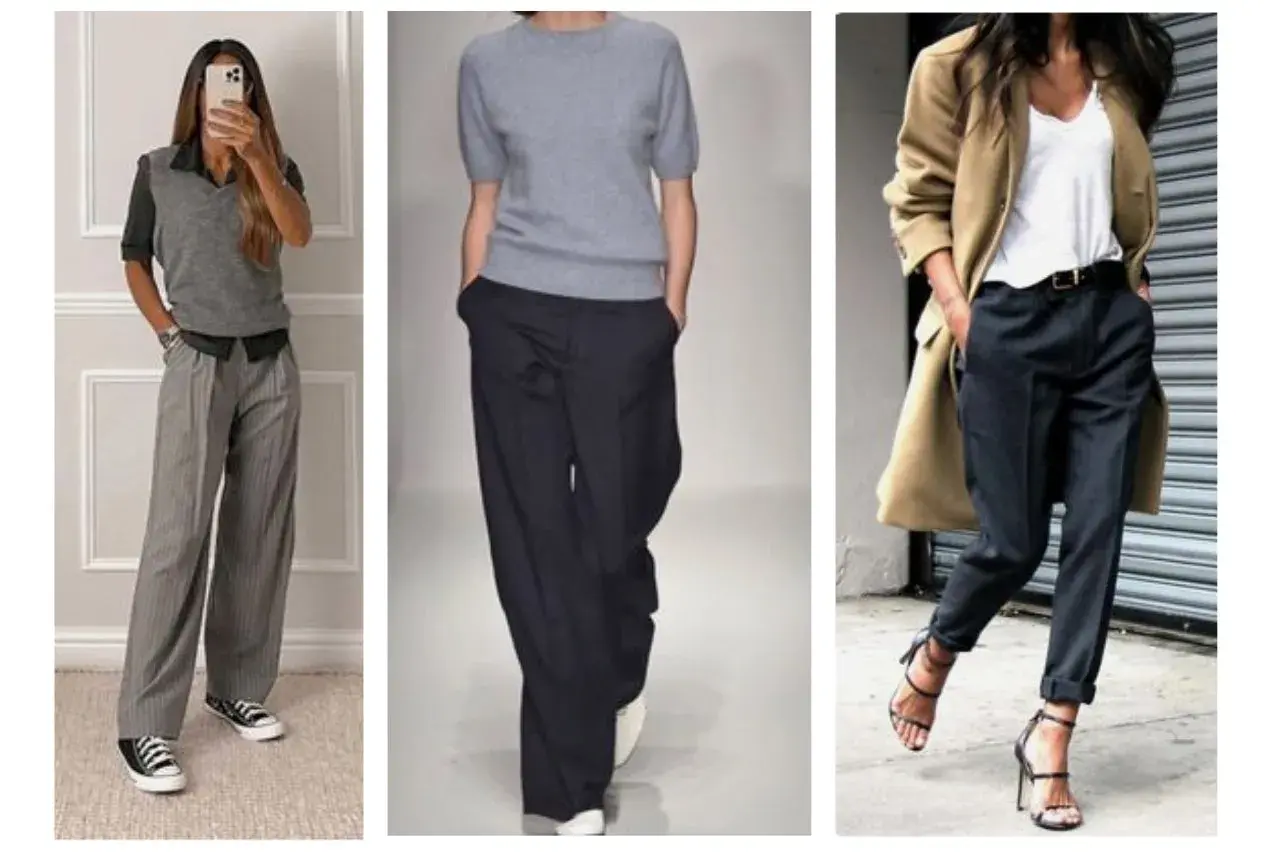 Trois looks pour savoir comment s'habiller pour être féminine : pantalon large, pull gris, manteau camel. Chic et décontracté.