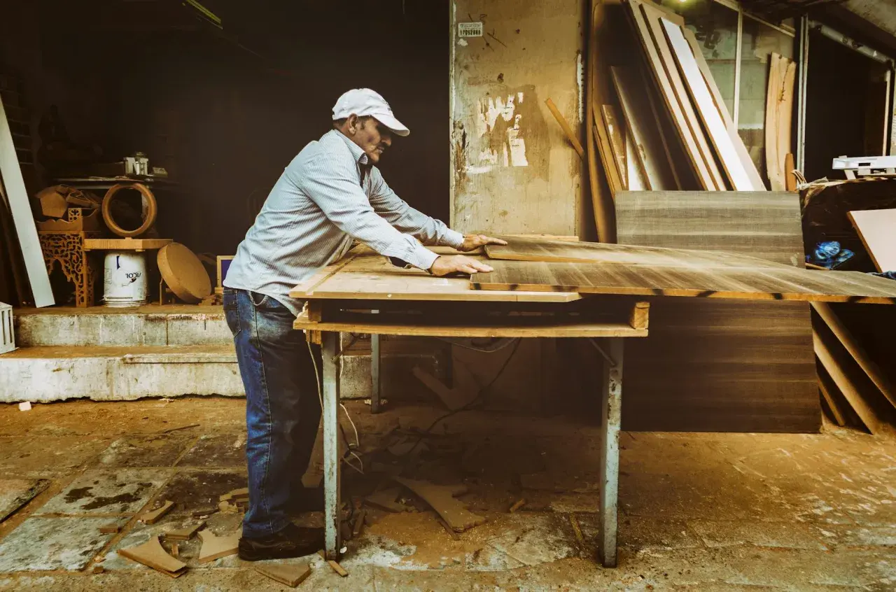 Artisan ajustant des planches de bois. Si votre cuisine est mal posée, quel recours ?