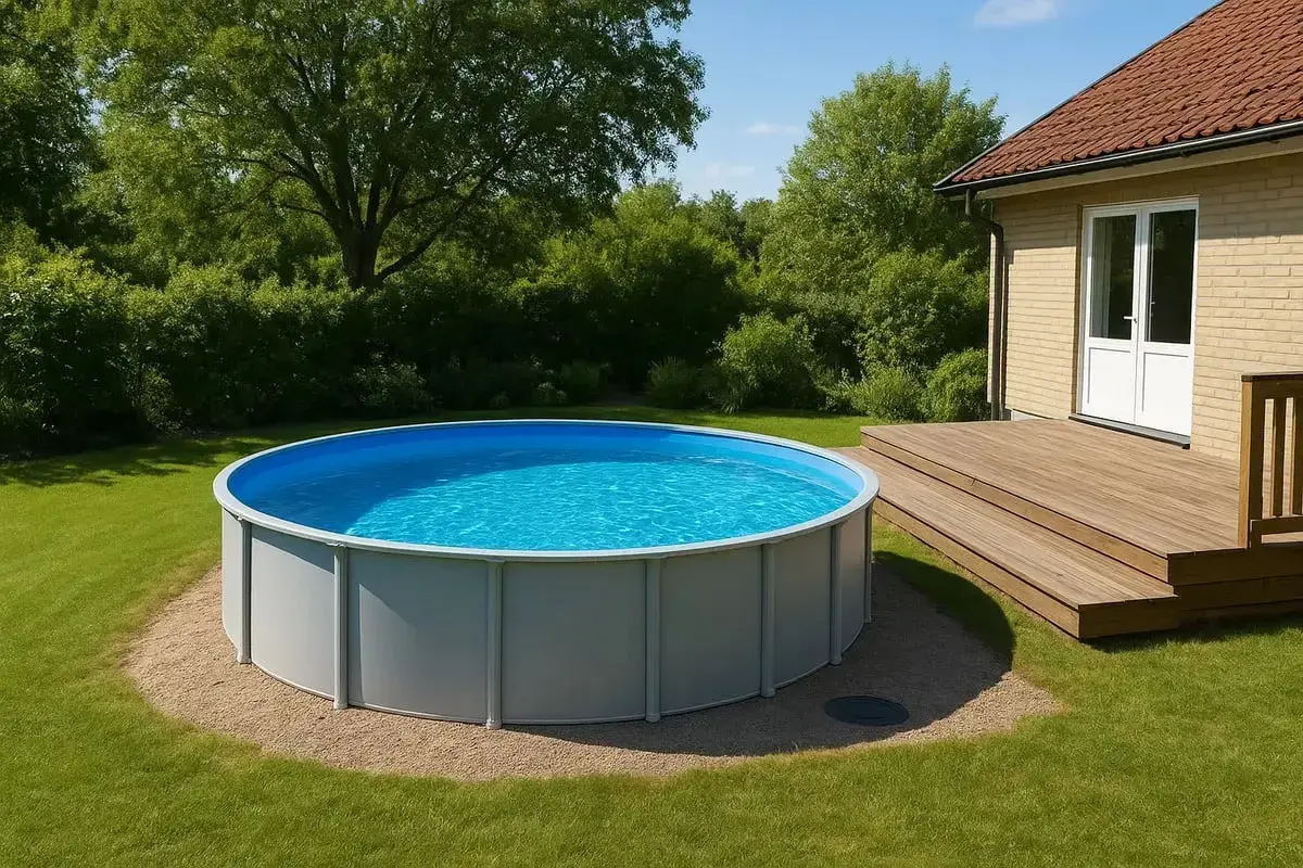 En härlig sommardag med en ovan markpool som inbjuder till bad. En altan leder smidigt upp till huset. Perfekt för att bygga in pool ovan mark.