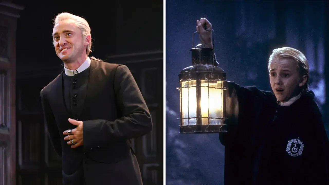 Tom Felton jako Draco Malfoy: dorosły aktor w czarnym stroju i młody aktor z latarnią.