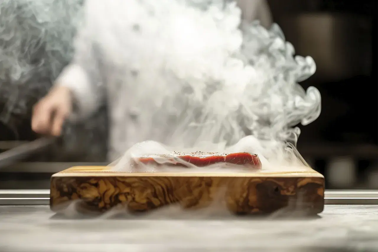 Un morceau de viande rouge est posé sur une planche en bois, entouré d'une fumée dense. Cela illustre comment fonctionne un fumoir pour infuser des arômes.