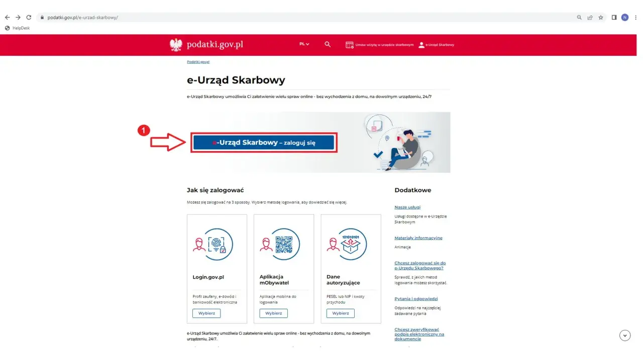 Zaloguj się do e-Urzędu Skarbowego, by załatwić sprawy online. Wybierz metodę logowania, np. przez Login.gov.pl, by złożyć upo pit.