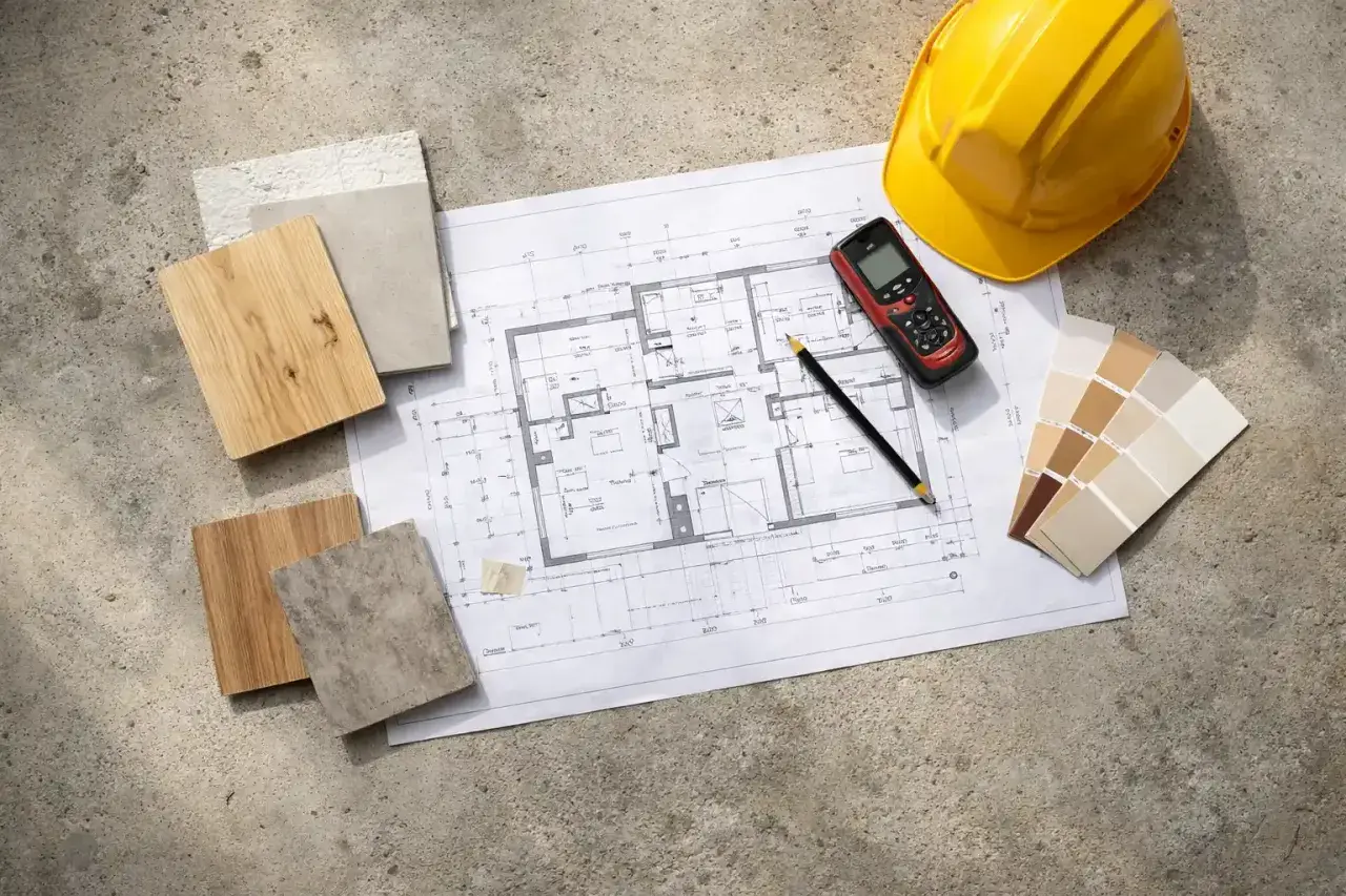 Bauplan, Materialmuster und Farbpalette für die Sanierung eines Hauses. Gelber Helm und Messgerät deuten auf die Kosten hin.