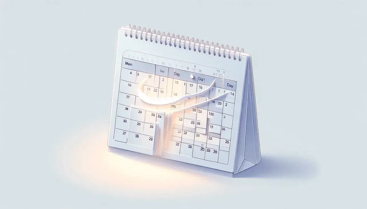 Calendario da tavolo con un segno a forma di "C" che sembra aggiungere giorni a una data, simboleggiando l'estensione del tempo.
