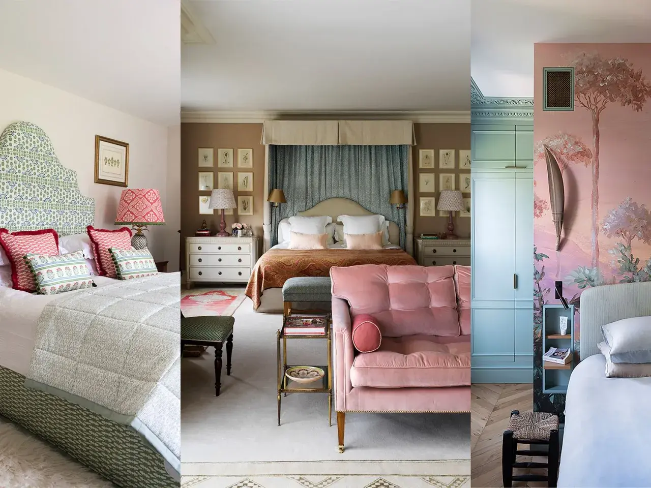Charming small romantic bedroom ideas: patterned headboard, plush pink sofa, and a dreamy floral mural create cozy retreats.