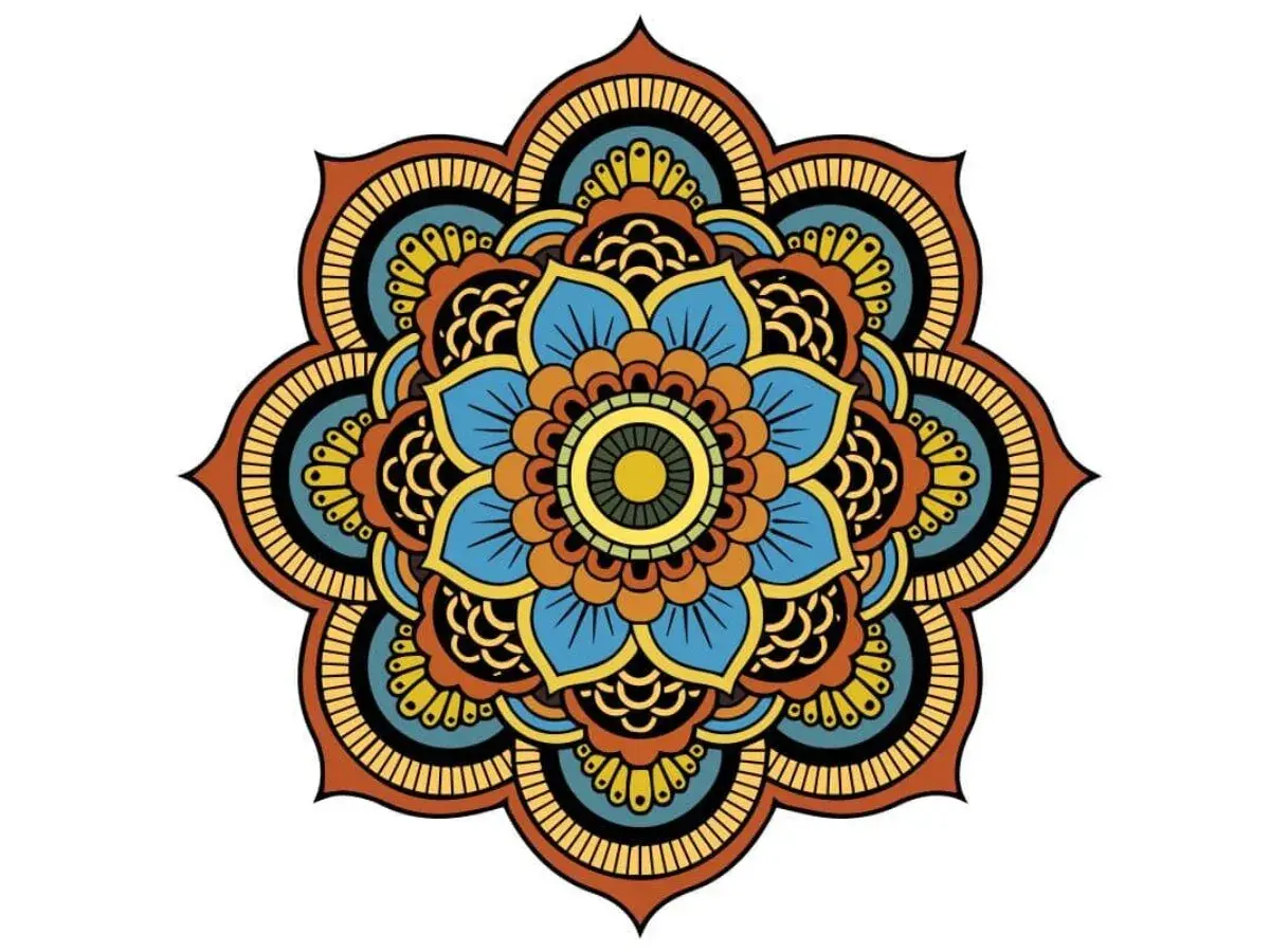 Kolorowa mandala z niebieskimi płatkami i żółtym środkiem, otoczona pomarańczowymi i czarnymi wzorami.