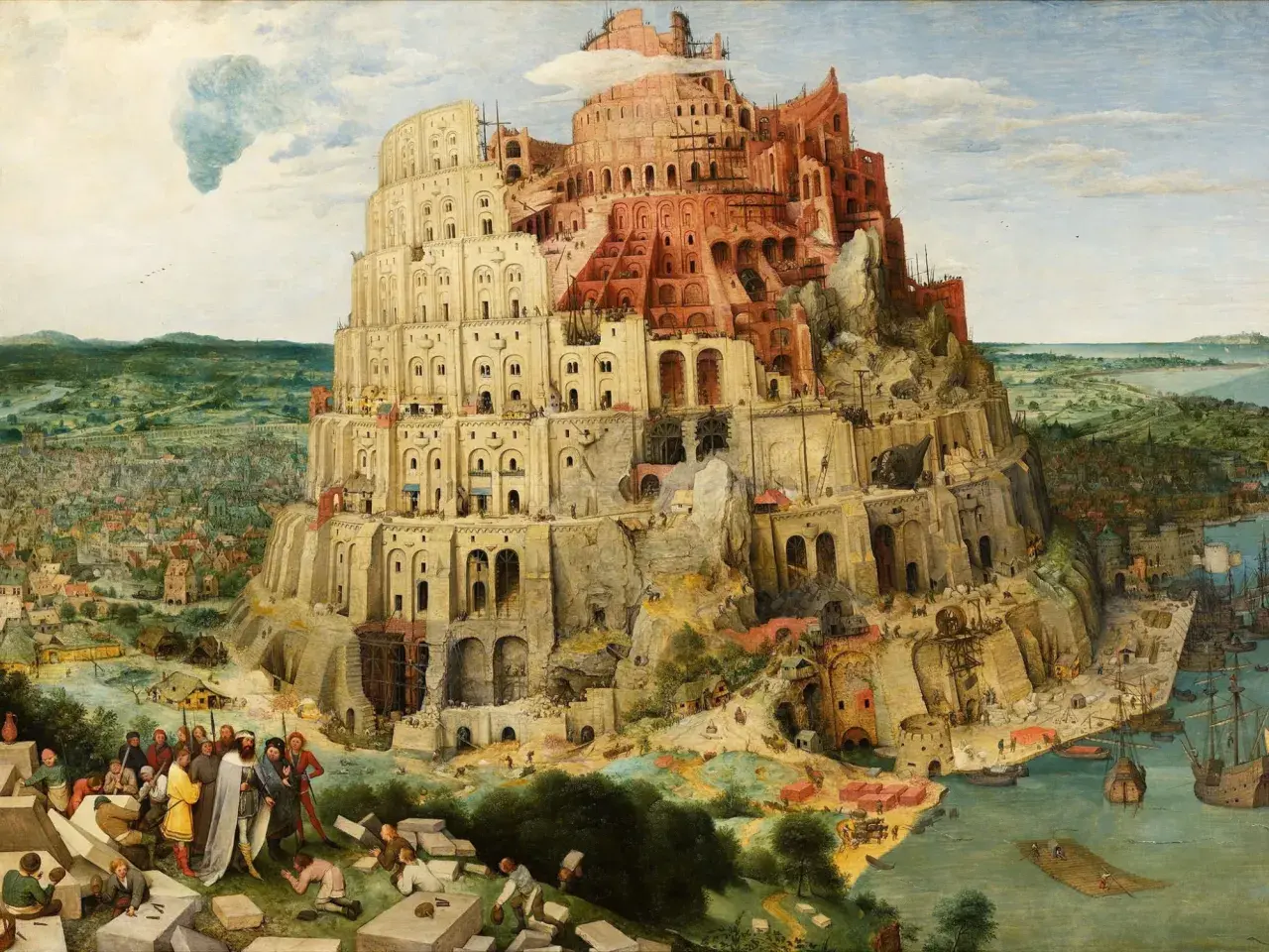 Wieża Babel, symbol ludzkiej pychy i nieporozumienia, wznosi się ku niebu. Jej budowa, pełna chaosu i niedokończonych prac, odzwierciedla wieczne znaczenie tej biblijnej opowieści.