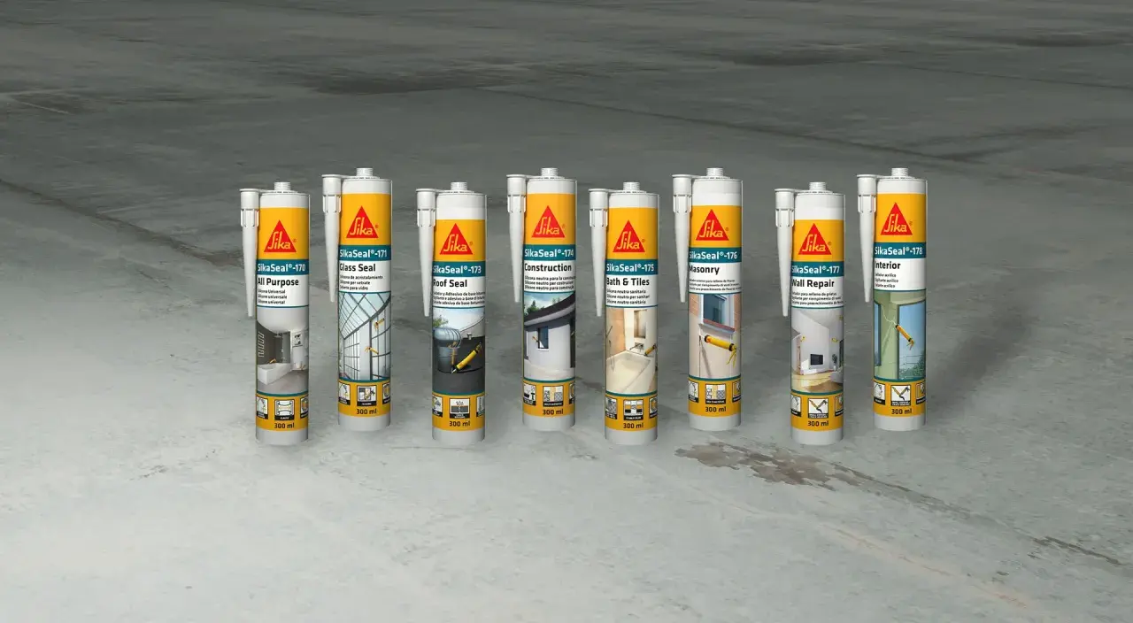 Variedad de tubos de polímero Sika para sellado y reparación: All Purpose, Glass Seal, Roof Seal, Construction, Bath & Tiles, Masonry, Wall Repair e Interior.