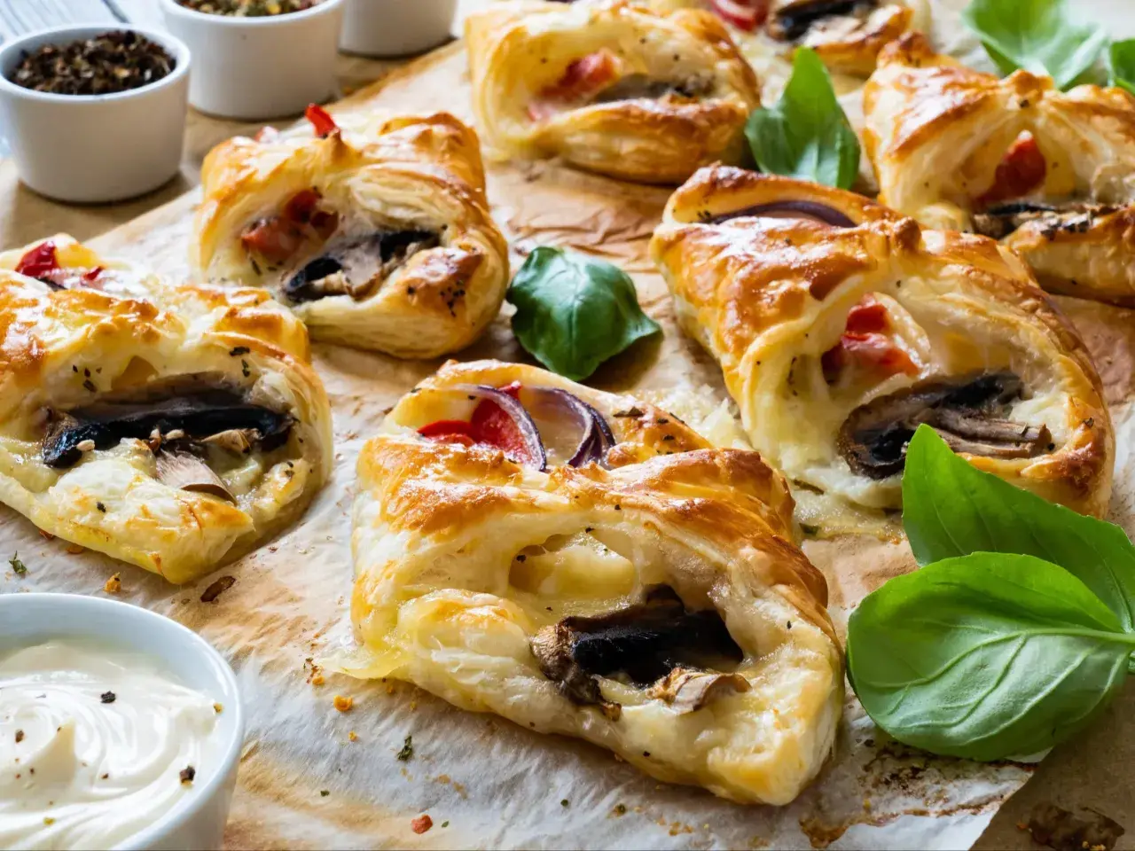 Chrupiące przekąski z ciasta francuskiego z serem i szynką, pieczone do złocistego koloru, podane z listkami bazylii.