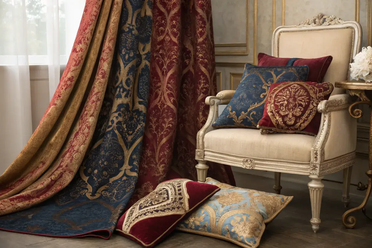 Rideau et coussins aux motifs **damassés** dorés sur fond bleu marine et rouge. Un fauteuil élégant complète la scène.