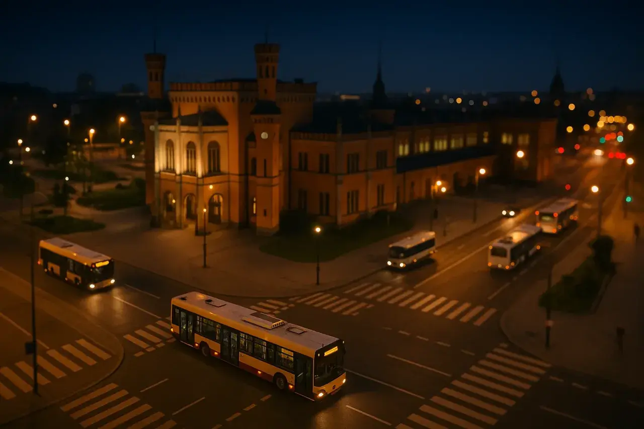 Nocne autobusy we Wrocławiu przemierzają puste ulice. W tle oświetlony zabytkowy budynek.