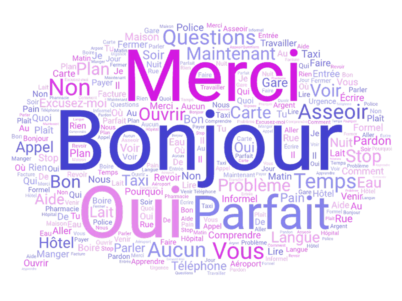 Chmura słów po francusku: "Bonjour", "Merci" (jak jest po francusku dziękuję), "Oui", "Non", "S'il vous plaît", "Excusez-moi".