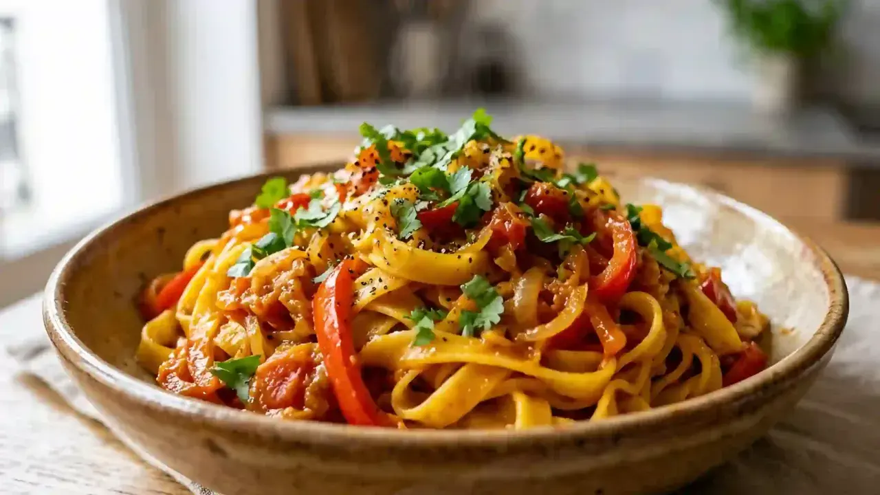 Un plat de pâtes aux poivrons rouges et jaunes, oignons et tomates, garni de persil frais. Une délicieuse recette italienne.