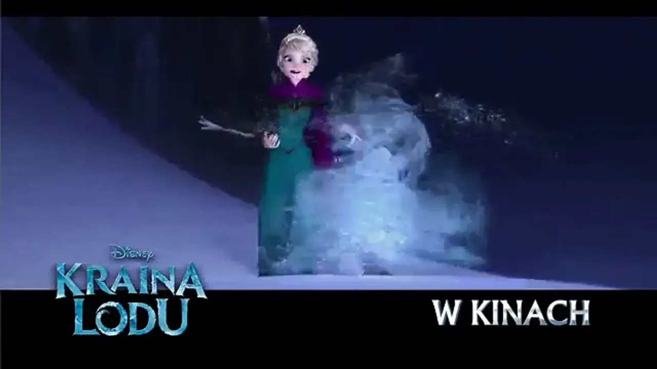 Elsa z Krainy Lodu, czując "mam tę moc" po angielsku, tworzy lodową falę. W kinach!