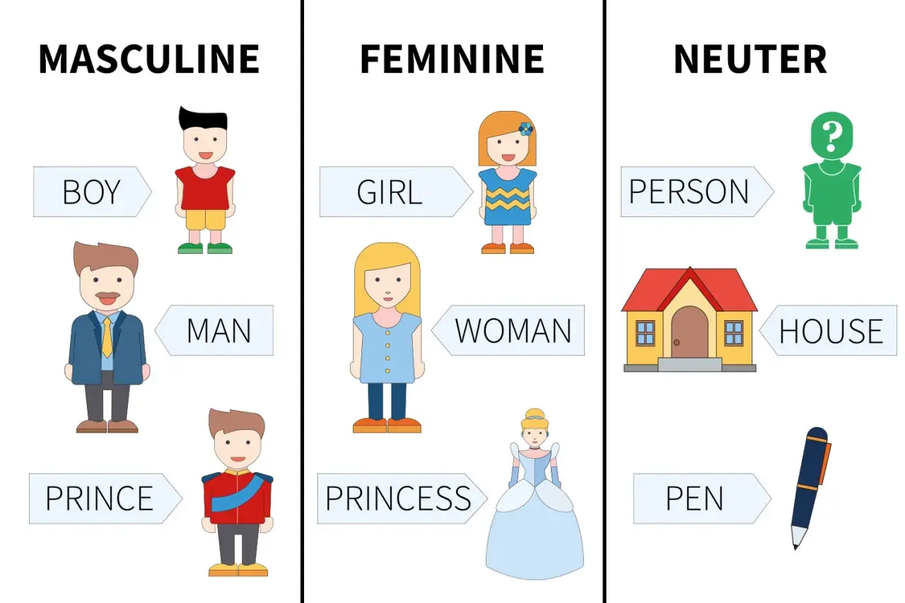 Esempi di nomi inglesi: BOY, MAN, PRINCE (maschile); GIRL, WOMAN, PRINCESS (femminile); PERSON, HOUSE, PEN (neutro).