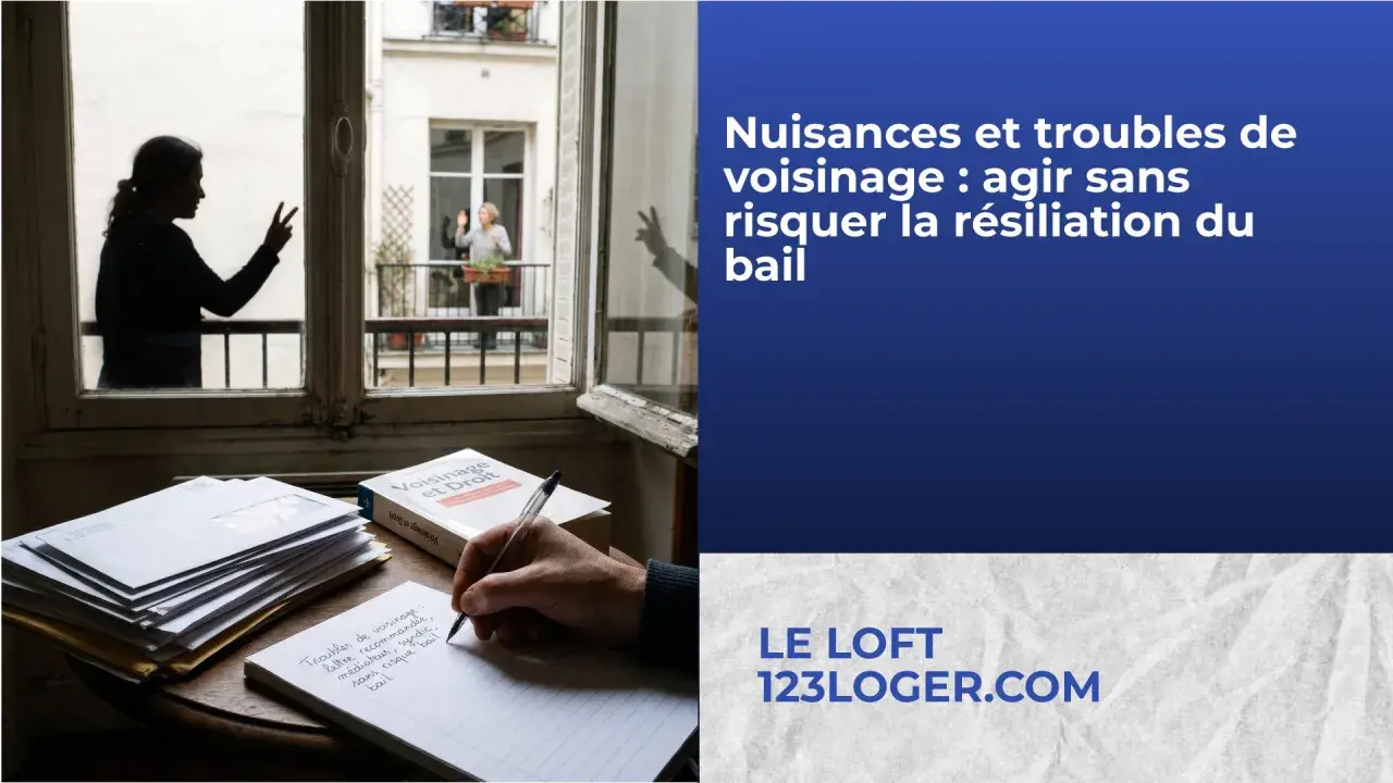 Silhouette d'une femme faisant un signe de paix, face à une autre femme sur un balcon. Le texte parle de **conflit de voisinage**.