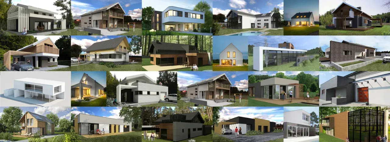Siatka zdjęć nowoczesnych domów jednorodzinnych w różnych stylach architektonicznych.