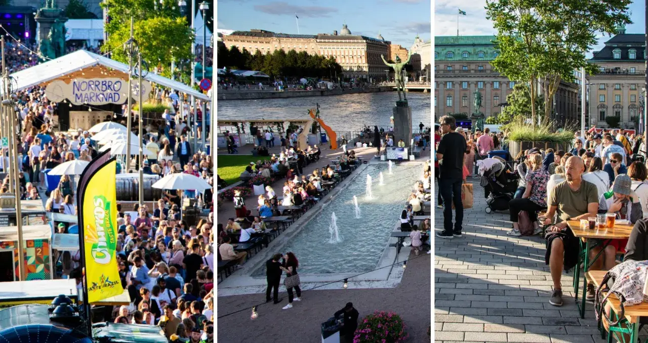 Folkmyller vid Norrbro Marknad och en somrig kväll vid vattnet i Stockholm, en härlig atmosfär som påminner om en stockholm music festival.