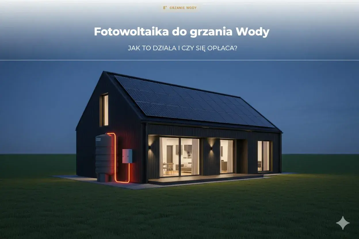 Nowoczesny dom z panelami fotowoltaicznymi na dachu i zasobnikiem ciepłej wody. Fotowoltaika do grzania wody to ekologiczne rozwiązanie.