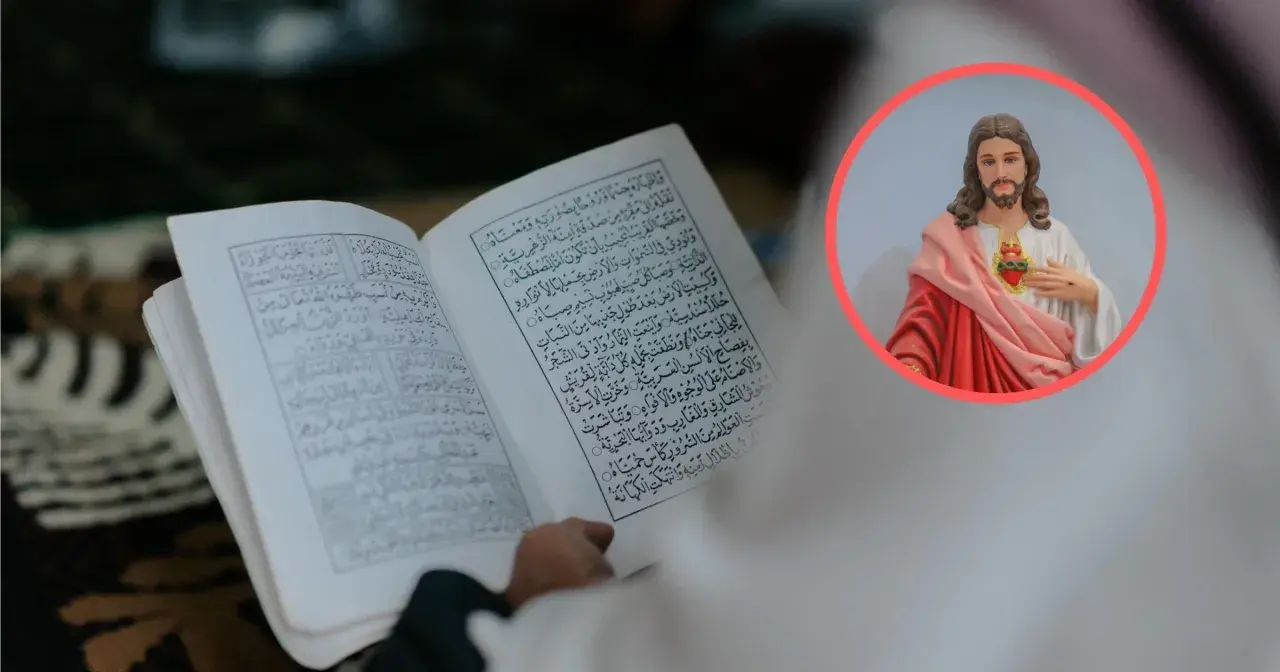Otwarta księga z arabskim pismem obok wizerunku Jezusa. Islam uznaje Jezusa za proroka, ale nie za syna Bożego.