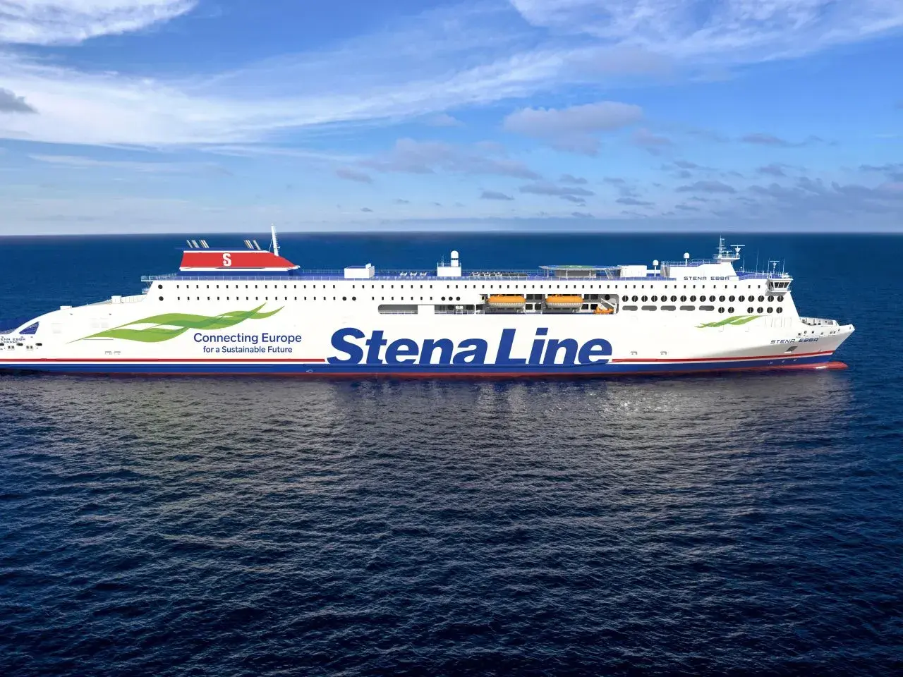 Stena Line oferuje jednodniowe wycieczki promem po morzu. Statek "Stena Ebba" płynie po błękitnych wodach pod błękitnym niebem.