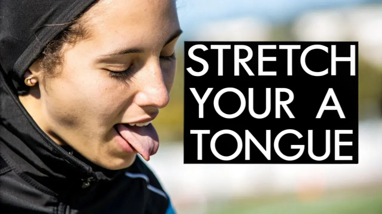 Dziewczyna z wyciągniętym językiem, ćwicząca mięśnie języka. Napis "STRETCH YOUR A TONGUE".
