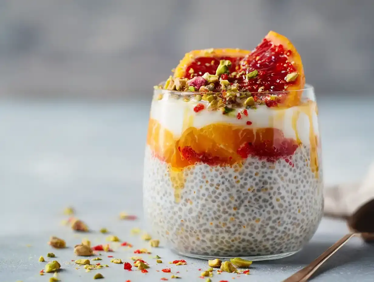 En läcker chiapudding med kvarg, apelsin, blodapelsin och pistagenötter. En perfekt frukost eller mellanmål.