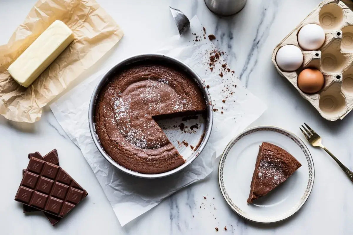 Una torta tenerina al cioccolato, appena sfornata, con ingredienti come burro, uova e cioccolato disposti attorno.