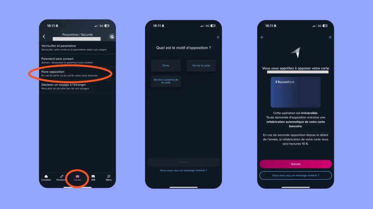 Demande de restitution carte bancaire : l'application mobile permet de faire opposition en cas de perte ou de vol.