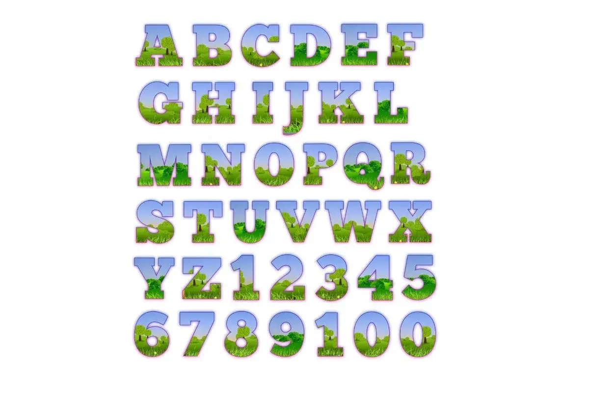 Letras en mayúsculas bonitas con un paisaje verde y cielo azul en su interior. El abecedario completo y los números del 0 al 9.