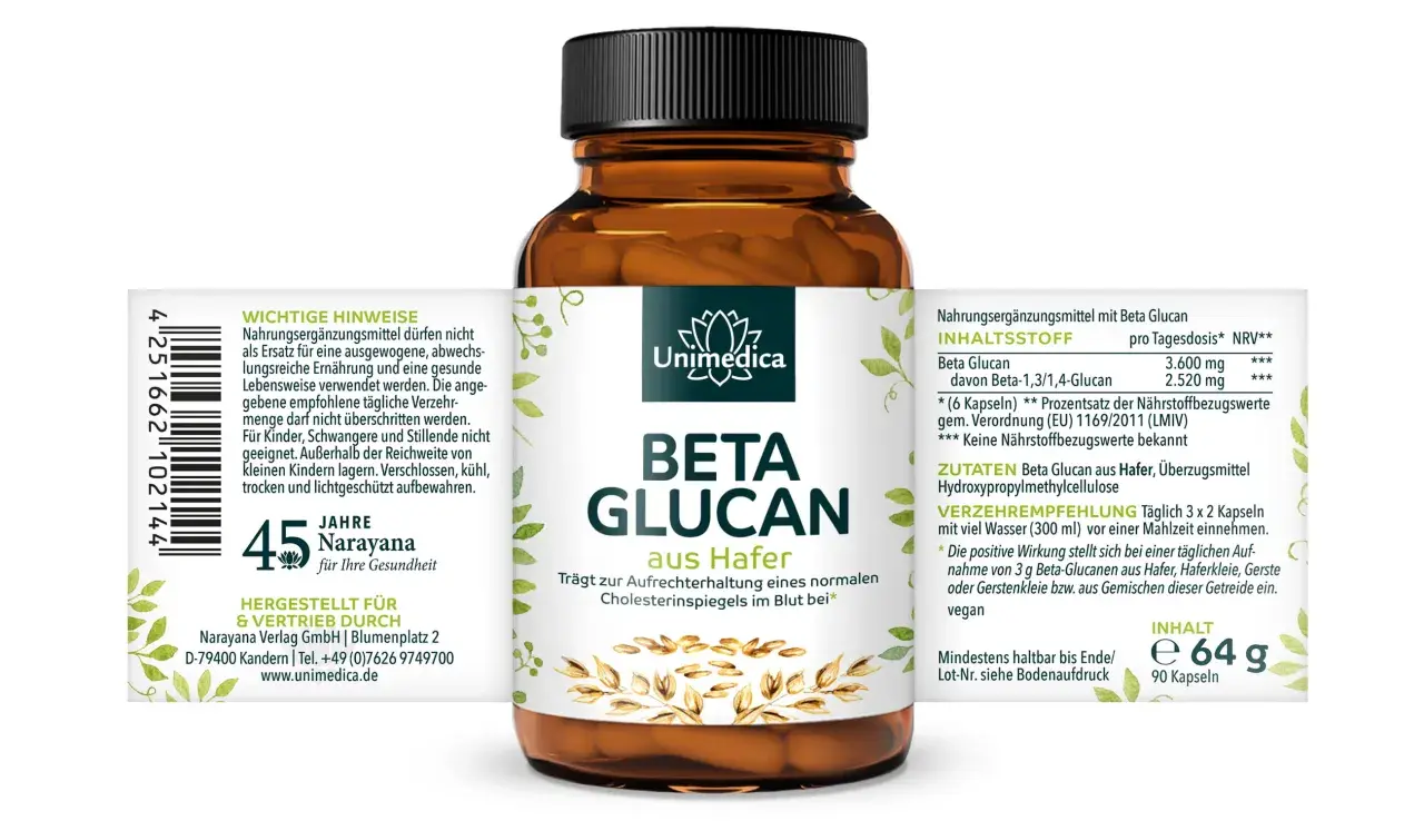 Braune Dose mit Unimedica Beta Glucan Kapseln aus Hafer. Enthält 64g, 90 Kapseln. Gut für den Cholesterinspiegel.