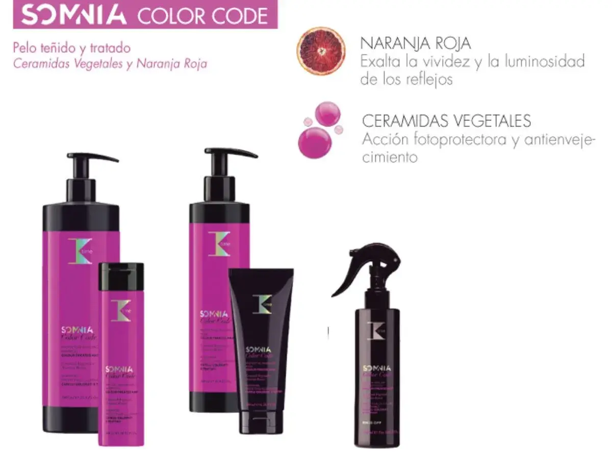 Productos Somnia Color Code para pelo teñido, con naranja roja y ceramidas vegetales. ¡Mechas sin amoniaco radiantes!
