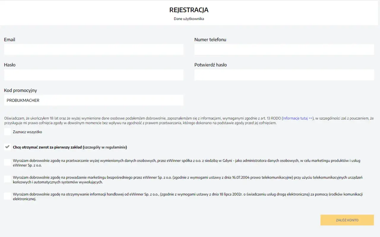 Formularz rejestracyjny eWinner z polem na kod promocyjny PROBUKMACHER. Zgody marketingowe i zwrot za pierwszy zakład.
