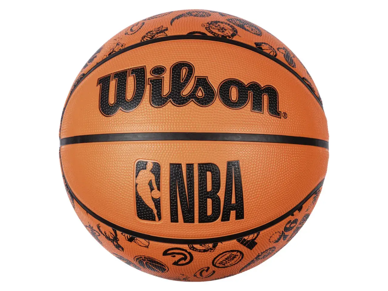 Pomarańczowa piłka do koszykówki Wilson z logo NBA i grafikami drużyn.