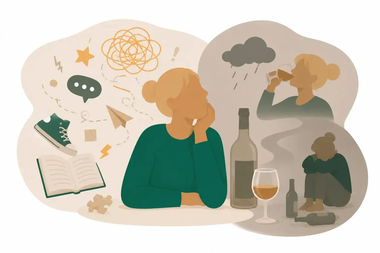 Tankar kring adhd och alkohol. En person funderar över sina känslor, med symboler för kaos och distraktioner. I bakgrunden syns bilder av drickande och ensamhet.