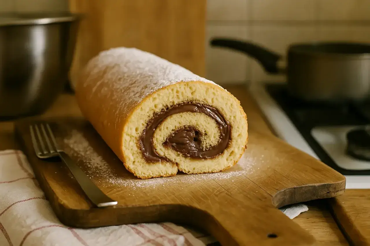 Un délicieux roulé au Nutella, saupoudré de sucre glace, prêt à être dégusté. Une gourmandise parfaite pour le goûter.