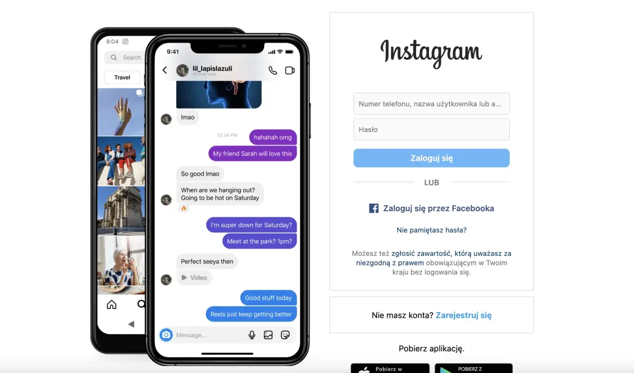 Ekran logowania Instagram. Widzisz okno, gdzie możesz wpisać dane do logowania, a poniżej opcję "Nie pamiętasz hasła?", która pomoże Ci jak zmienić hasło na Instagram.