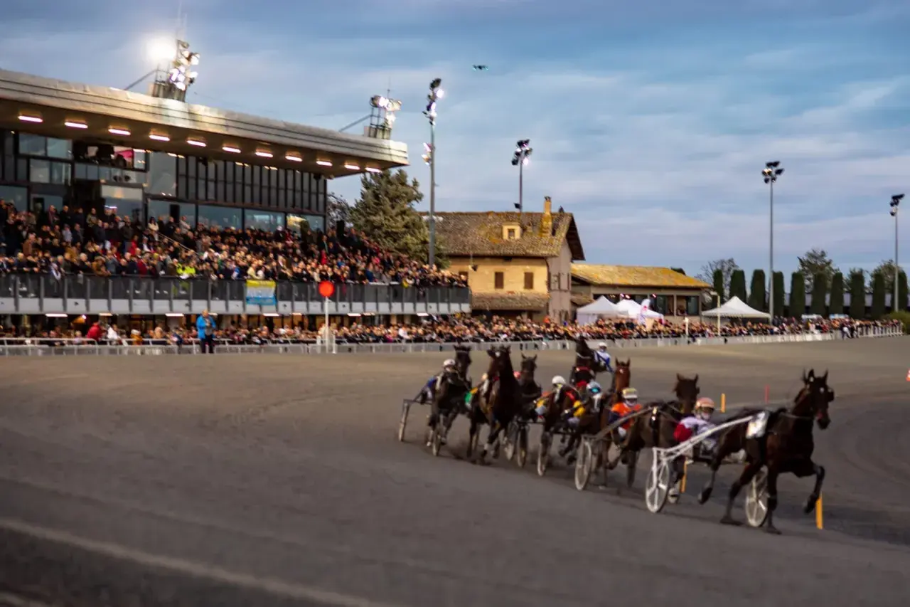 Corsa di cavalli al trotto all'ippodromo Montegiorgio, con pubblico sugli spalti e cavalli in azione sulla pista.